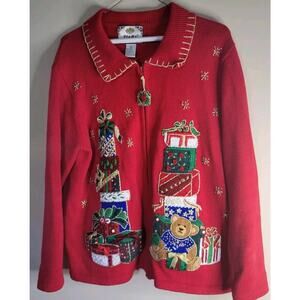 Christmas Zippered Tiara Sweater International Red Sz M Gifts Teddy Ugly Xmas